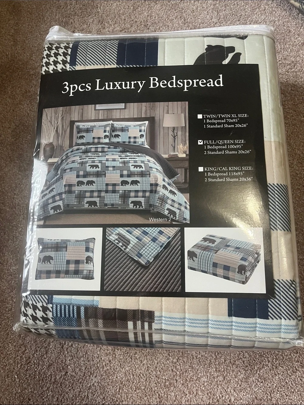 Luxury 3-Piece Blue Plaid Bedspread Set - Brand: